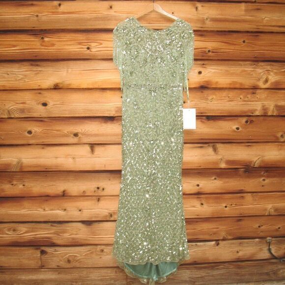 MAC DUGGAL 4908 Green High Neck Sleeveless Beaded Fringe Fitted Gown 8 - Picture 5 of 12